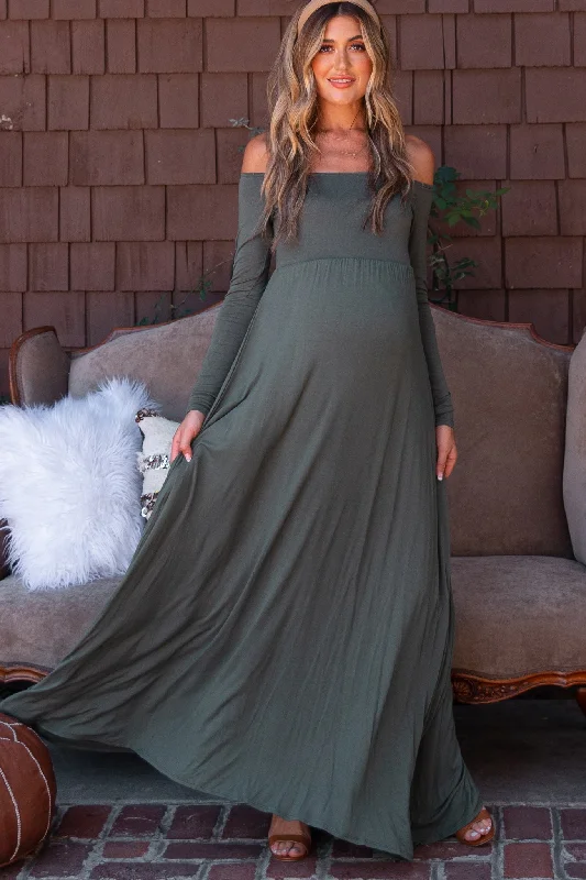 Maternity dress for a baby's first visit to the museum PinkBlush Petite Olive Solid Off Shoulder Maternity Maxi Dress