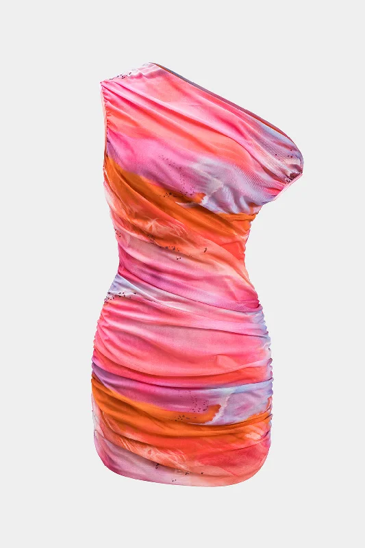 Mini dresses with asymmetric hems for a fashion - forward look Ombre Print Mesh Ruched Mini Dress Mini dresses with asymmetric hems for a fashion - forward look Ombre Print Mesh Ruched Mini Dress