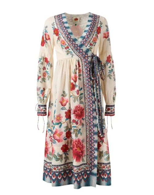 Everyday Dress with Pleated Skirt for a Feminine Touch​ Mosaic Ivory Floral Print Wrap Dress