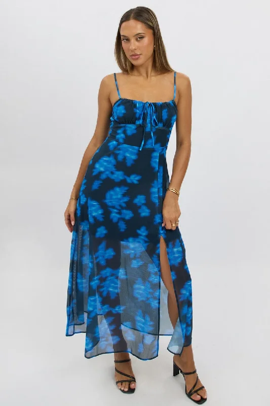 Midi dresses with animal prints for a bold and confident appearance Blue Abstract Midi Dress Gathered Bust Midi dresses with animal prints for a bold and confident appearance Blue Abstract Midi Dress Gathered Bust