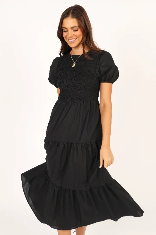Midi dresses with ruffled bodices for a more pronounced feminine look Naura Shirred Tiered Midi Dress - Black