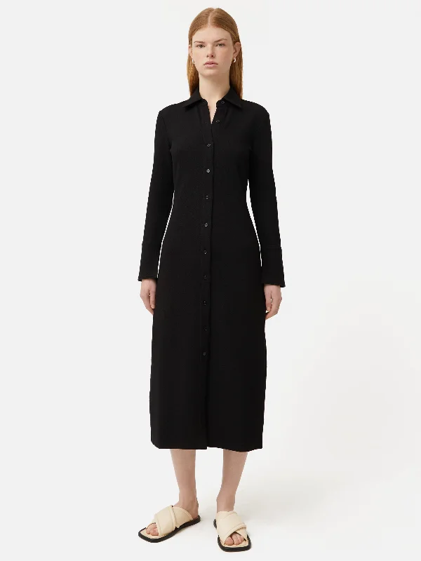 Midi dresses with tiered skirts for a bohemian festival look Textured Jersey Shirt Dress | Black Midi dresses with tiered skirts for a bohemian festival look Textured Jersey Shirt Dress | Black