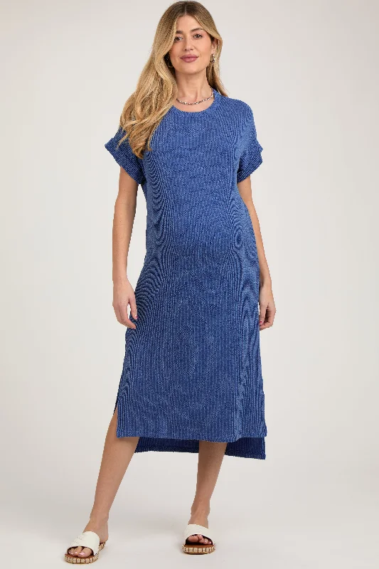 Plus size maternity dress for curvy moms - to - be Blue Ribbed Short Sleeve Maternity Midi Dress