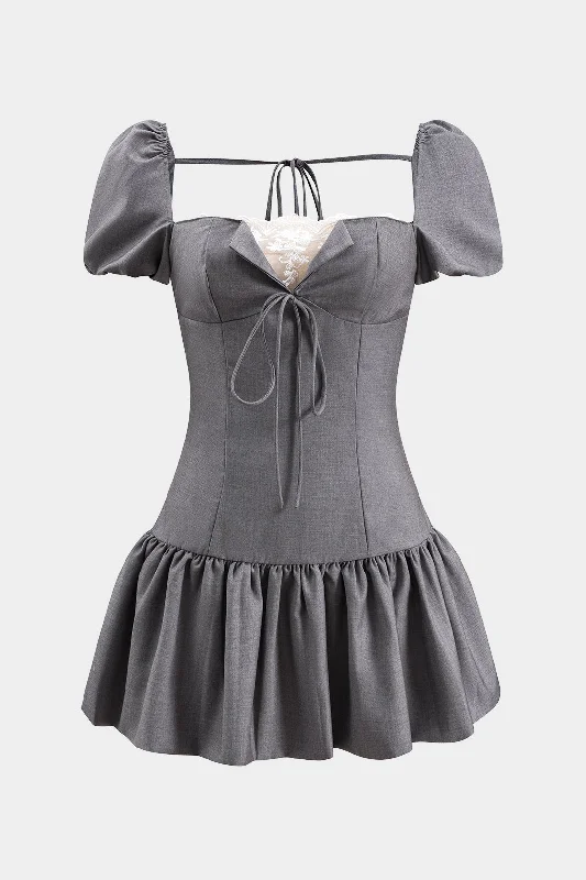 Mini dresses with one - shoulder designs Lace Patchwork Tie-Up Short Sleeve Puff Hem Mini Dress Mini dresses with one - shoulder designs Lace Patchwork Tie-Up Short Sleeve Puff Hem Mini Dress