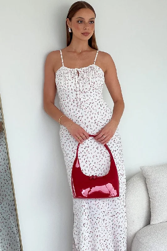 High - low midi dresses with geometric patterns for a modern party White Ditsy Midi Dress Gathering Bust Sleeveless High - low midi dresses with geometric patterns for a modern party White Ditsy Midi Dress Gathering Bust Sleeveless