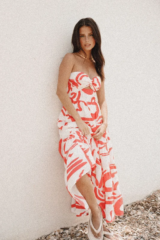Midi dresses with belted waists to accentuate the figure Sitara Strapless Midi Dress - White Red Midi dresses with belted waists to accentuate the figure Sitara Strapless Midi Dress - White Red