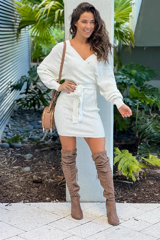 Everyday Dress with Lace - trimmed Hem for Elegance Ivory Short Dress With Long Sleeves Everyday Dress with Lace - trimmed Hem for Elegance Ivory Short Dress With Long Sleeves