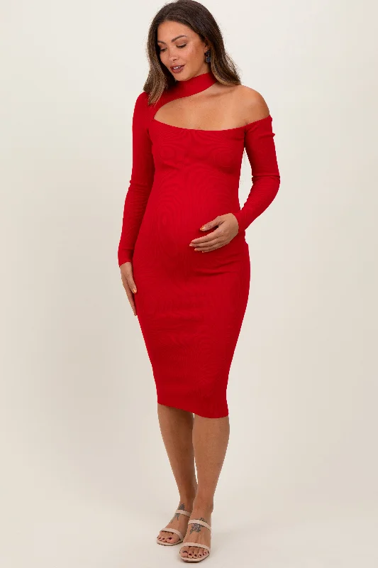 Maternity dress for a baby's first visit to the herb garden Red Mock Neck Cutout Maternity Fitted Midi Dress Maternity dress for a baby's first visit to the herb garden Red Mock Neck Cutout Maternity Fitted Midi Dress