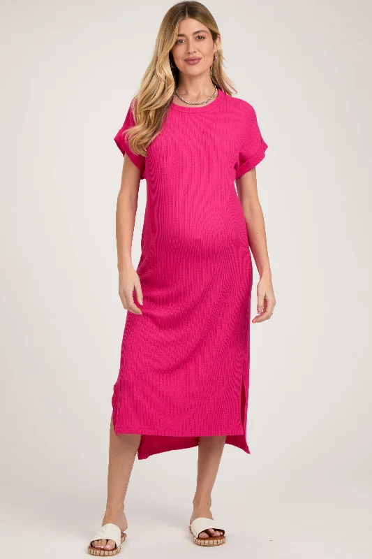 Maternity dress for a baby's first visit to the opera Fuchsia Ribbed Short Sleeve Maternity Midi Dress Maternity dress for a baby's first visit to the opera Fuchsia Ribbed Short Sleeve Maternity Midi Dress
