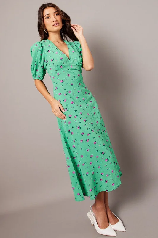 Midi dresses with empire waists for a flattering maternity option Green Floral Midi Dress Puff Sleeve Tea Dress Midi dresses with empire waists for a flattering maternity option Green Floral Midi Dress Puff Sleeve Tea Dress