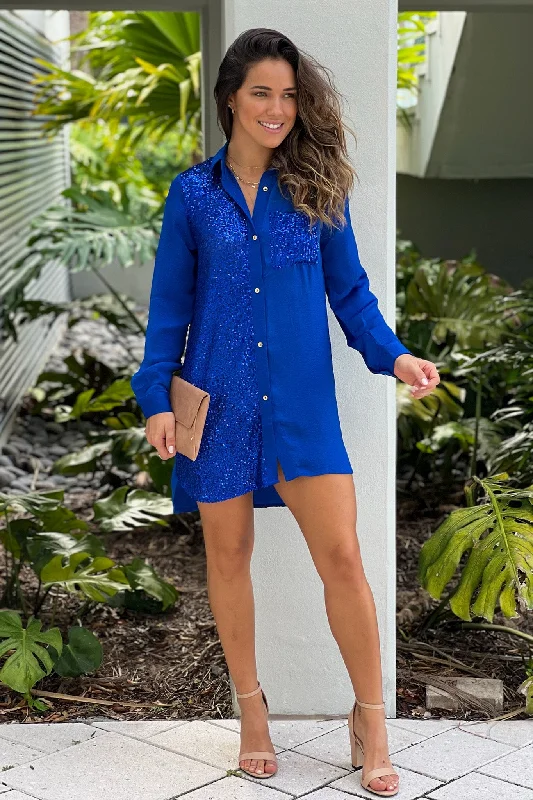  Royal Blue Shirt Dress With Sequin Details