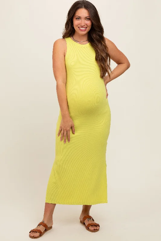 Maternity dress for a baby's baptism Yellow Ribbed Maternity Side Slit Tank Dress