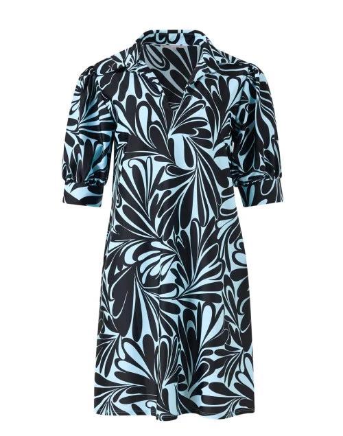 Everyday Dress with Peter - pan Collar for a Classic Look Emerson Black and Blue Print Dress Everyday Dress with Peter - pan Collar for a Classic Look Emerson Black and Blue Print Dress