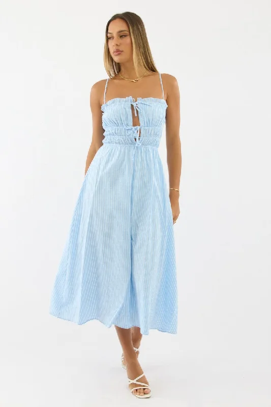 Midi dresses with lace - up fronts for a unique and adjustable style Blue Stripe Midi Dress Ribbon Detail Strappy Midi dresses with lace - up fronts for a unique and adjustable style Blue Stripe Midi Dress Ribbon Detail Strappy