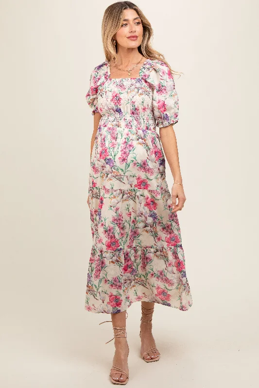 Maternity denim dress for a casual vibe Cream Floral Puff Sleeve Smocked Maternity Midi Dress Maternity denim dress for a casual vibe Cream Floral Puff Sleeve Smocked Maternity Midi Dress