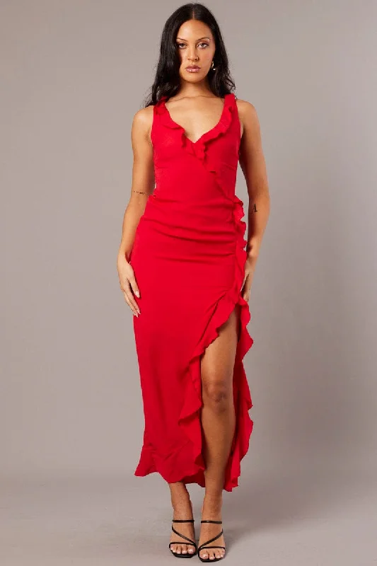 Midi dresses with metallic threads for a glamorous evening event Red Ruffle Dress Wrap Midi Chiffon Midi dresses with metallic threads for a glamorous evening event Red Ruffle Dress Wrap Midi Chiffon