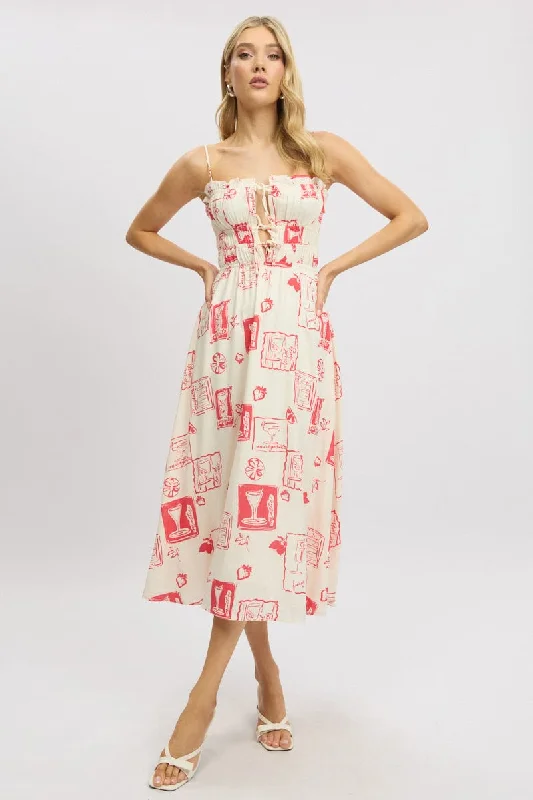 Midi dresses with one - shoulder designs for a modern and asymmetric style Red Abstract Midi Dress Ribbon Detail Strappy Midi dresses with one - shoulder designs for a modern and asymmetric style Red Abstract Midi Dress Ribbon Detail Strappy