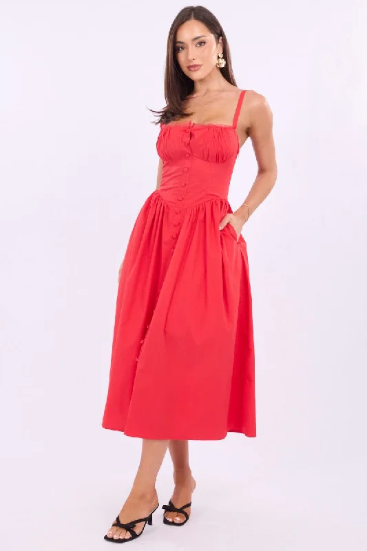 Midi dresses with fringe details for a fun and energetic style Red Midi Dress Lace Trim Corset Detail Poplin Midi dresses with fringe details for a fun and energetic style Red Midi Dress Lace Trim Corset Detail Poplin