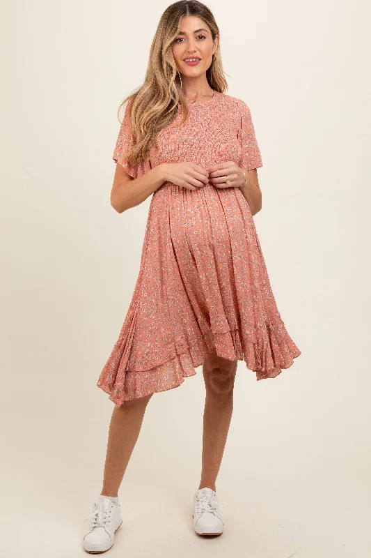 Maternity dress for a baby's first visit to the rooftop garden Coral Floral Smocked Ruffle Maternity Dress Maternity dress for a baby's first visit to the rooftop garden Coral Floral Smocked Ruffle Maternity Dress