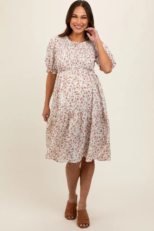 Maternity dress for a baby's first visit to the botanic garden Cream Floral Smocked Maternity Midi Dress Maternity dress for a baby's first visit to the botanic garden Cream Floral Smocked Maternity Midi Dress