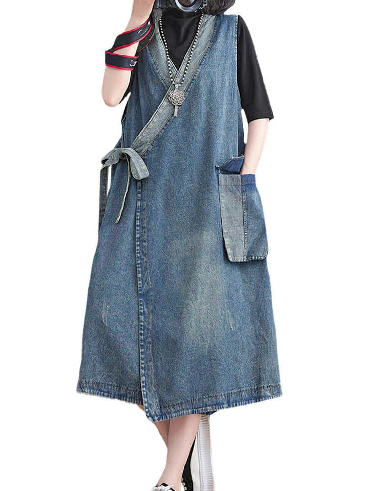  Classic Leisure Fashion Loose Belt Sleeveless Denim Dresses