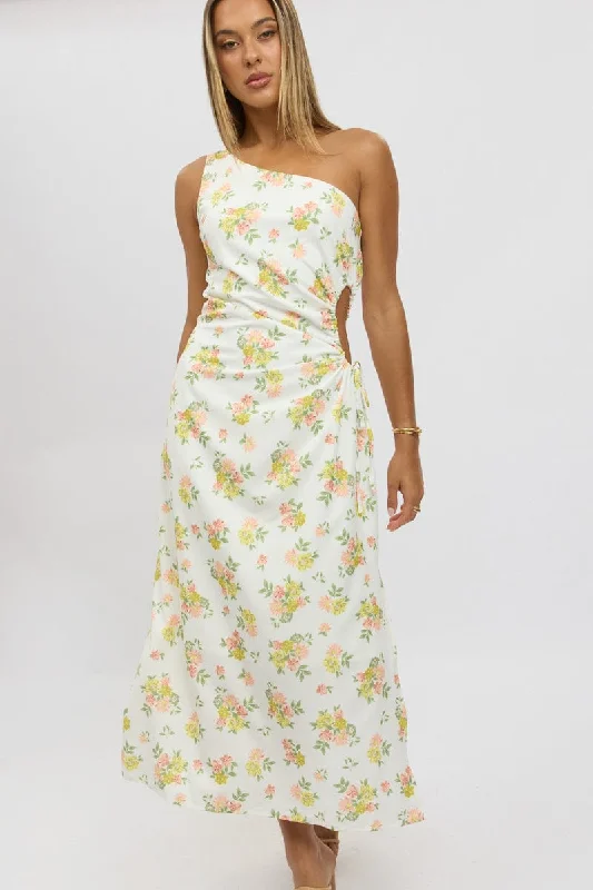 Midi dresses with denim fabric for a casual yet stylish day out White Floral One Shoulder Midi Dress Midi dresses with denim fabric for a casual yet stylish day out White Floral One Shoulder Midi Dress