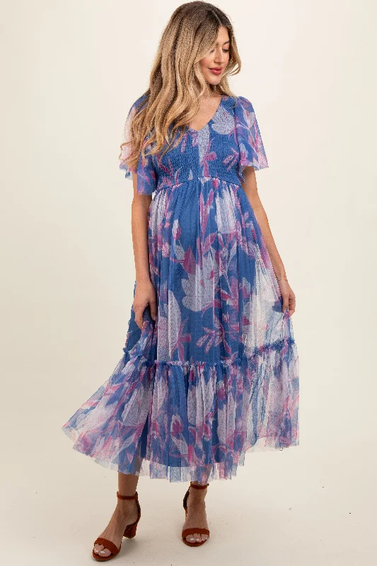 Maternity dress for a spring flower show Blue Leaf Print Mesh Smocked Maternity Midi Dress