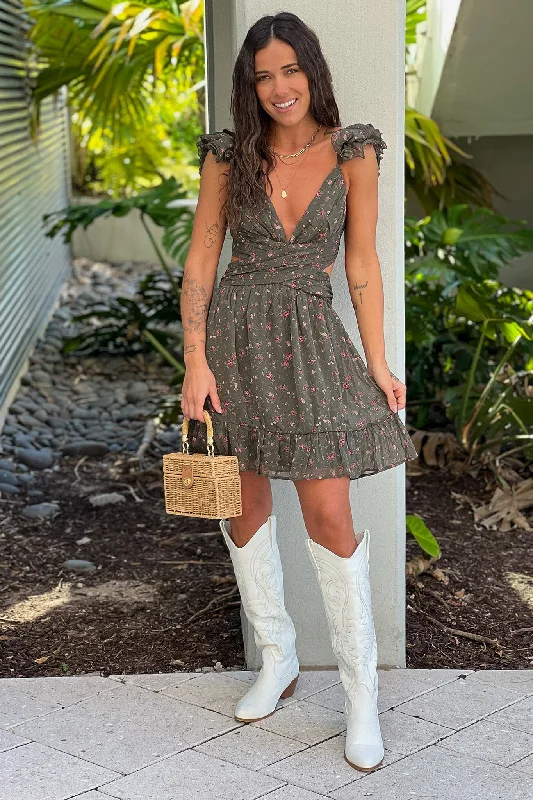 Everyday Maternity Dress with Stretch Fabric Olive Floral Swirly Straps Short Dress Everyday Maternity Dress with Stretch Fabric Olive Floral Swirly Straps Short Dress