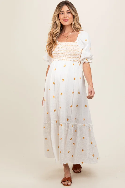 Maternity dress for a baby's first visit to the children's garden Ivory Gauze Smocked Embroidered Square Neck Maternity Midi Dress Maternity dress for a baby's first visit to the children's garden Ivory Gauze Smocked Embroidered Square Neck Maternity Midi Dress
