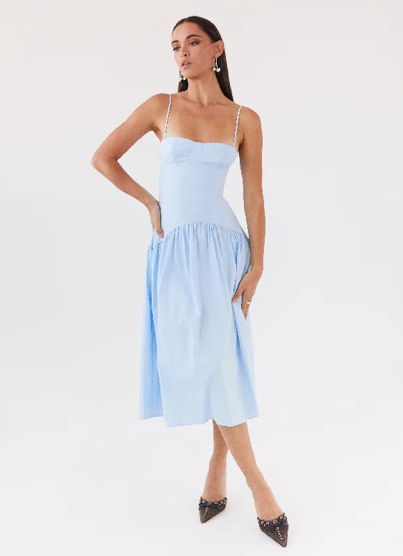 Midi dresses with ruffled sleeves for a more feminine and voluminous look Yvette Corset Midi Dress - Blue Midi dresses with ruffled sleeves for a more feminine and voluminous look Yvette Corset Midi Dress - Blue