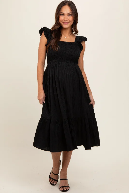 Maternity dress for a movie night out Black Striped Flutter Sleeve Maternity Midi Dress Maternity dress for a movie night out Black Striped Flutter Sleeve Maternity Midi Dress