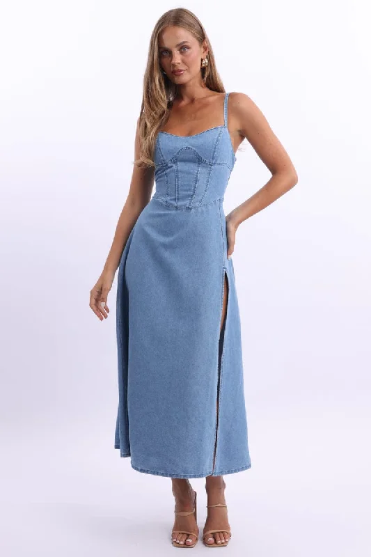 Midi dresses with belted waists to accentuate the figure Blue Midi Dress Strappy