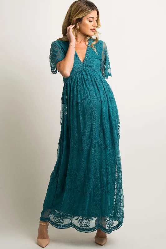 Maternity dress with pockets for convenience PinkBlush Teal Lace Mesh Overlay Maternity Maxi Dress