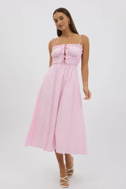 Midi dresses with wrap - around skirts for a customizable fit Pink Stripe Midi Dress Ribbon Detail Strappy Midi dresses with wrap - around skirts for a customizable fit Pink Stripe Midi Dress Ribbon Detail Strappy
