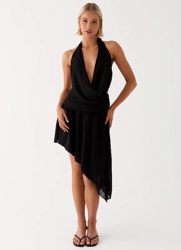 Maxi - inspired midi dresses with flowing fabrics for a beachy vibe Elysia Chiffon Midi Dress - Black Maxi - inspired midi dresses with flowing fabrics for a beachy vibe Elysia Chiffon Midi Dress - Black