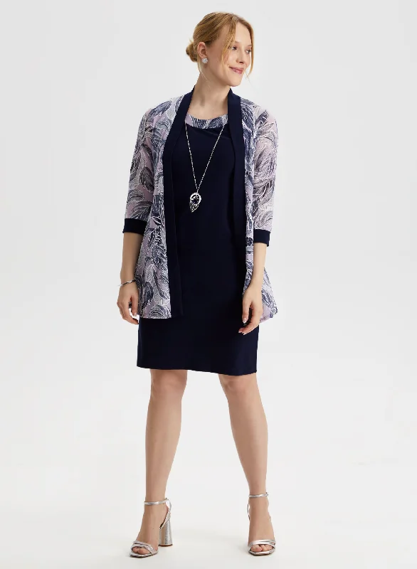 Midi dresses with ribbed textures for a unique and tactile appearance Feather Print Jacket, Dress & Necklace Set
