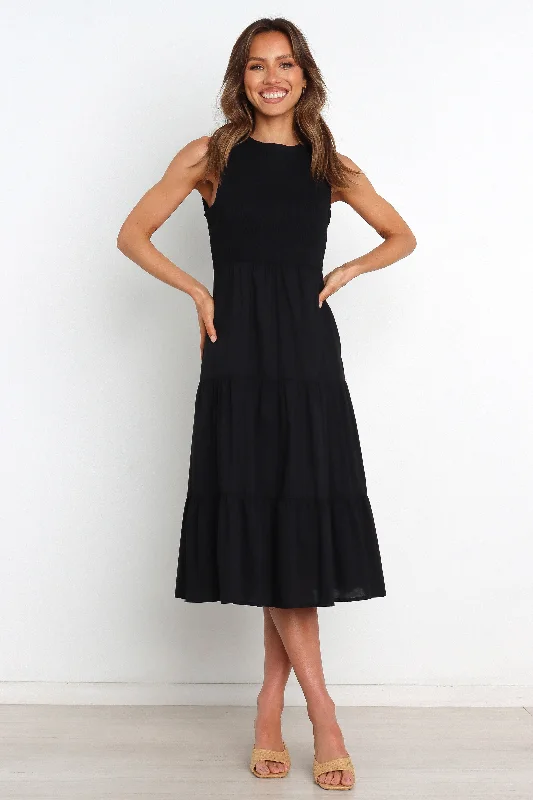Maxi - inspired midi dresses with flowing fabrics for a beachy vibe Erhardt Dress - Black Maxi - inspired midi dresses with flowing fabrics for a beachy vibe Erhardt Dress - Black