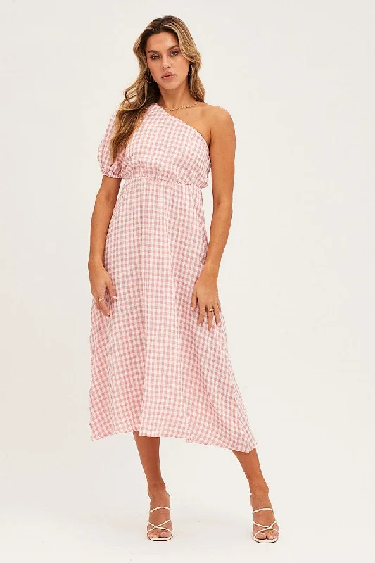 Maxi - inspired midi dresses with flowing fabrics for a beachy vibe Stripe Check One Shoulder Midi Dress Maxi - inspired midi dresses with flowing fabrics for a beachy vibe Stripe Check One Shoulder Midi Dress