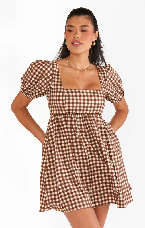 Mini dresses with keyhole necklines Smitten Babydoll Dress ~ Brown Gingham