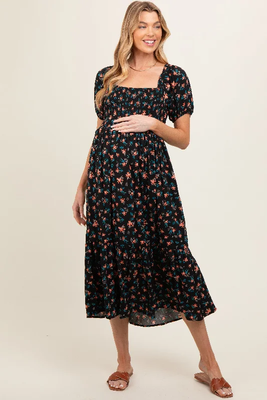 Maternity dress for a baby's first visit to the circus Black Floral Smocked Short Sleeve Maternity Midi Dress Maternity dress for a baby's first visit to the circus Black Floral Smocked Short Sleeve Maternity Midi Dress