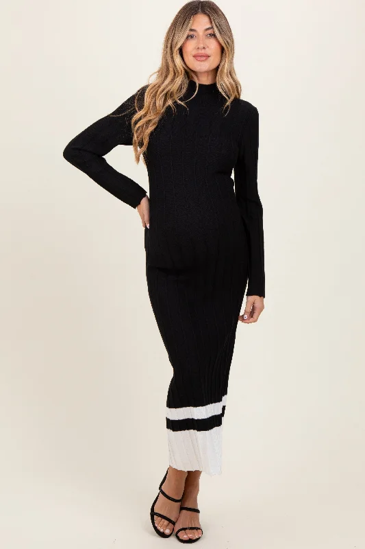 Maternity dress for a baby's first visit to the amusement park Black Colorblock Hem Mock Neck Maternity Sweater Dress Maternity dress for a baby's first visit to the amusement park Black Colorblock Hem Mock Neck Maternity Sweater Dress