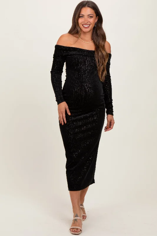 Maternity dress for a baby's first plane ride Black Shiny Velour Off Shoulder Maternity Midi Dress