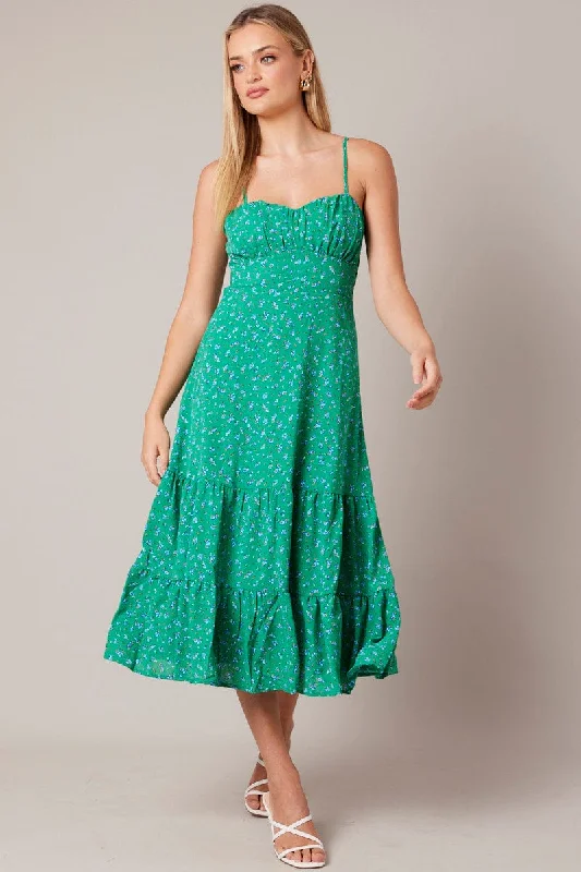 Midi dresses with gathered skirts for a full and flowing silhouette Green Floral Midi Dress Strappy Midi dresses with gathered skirts for a full and flowing silhouette Green Floral Midi Dress Strappy