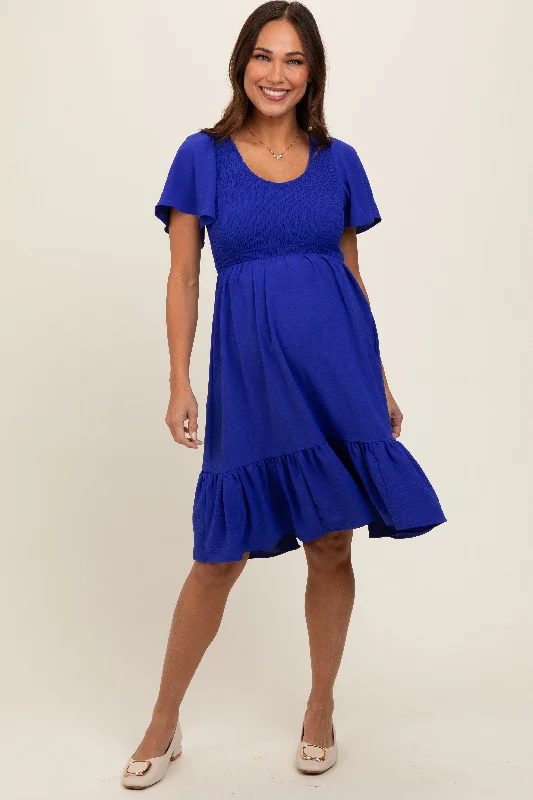 Maternity dress for a baby's dedication Royal Blue Smocked Ruffle Hem Maternity Dress Maternity dress for a baby's dedication Royal Blue Smocked Ruffle Hem Maternity Dress