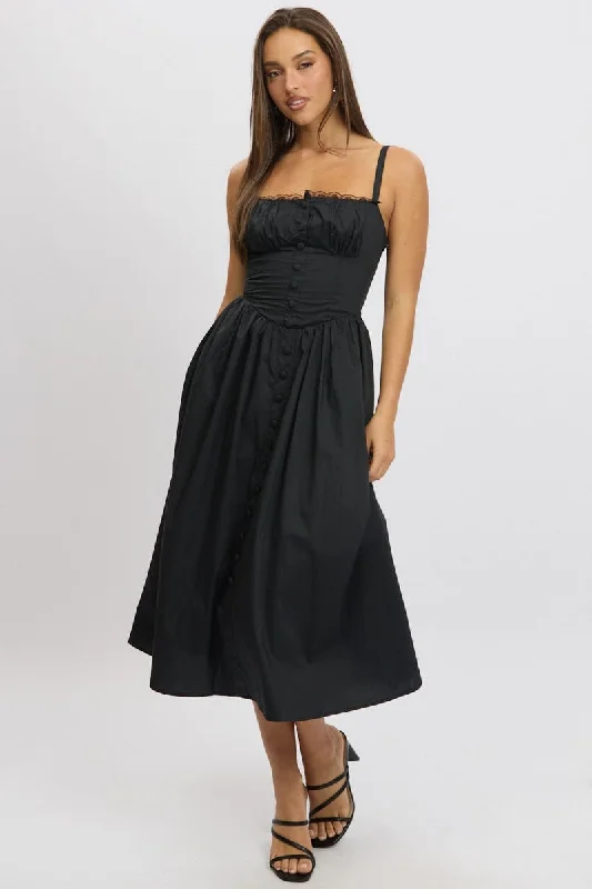 Midi dresses with printed lining for a hidden and stylish detail Black Midi Dress Lace Trim Corset Detail Poplin Midi dresses with printed lining for a hidden and stylish detail Black Midi Dress Lace Trim Corset Detail Poplin