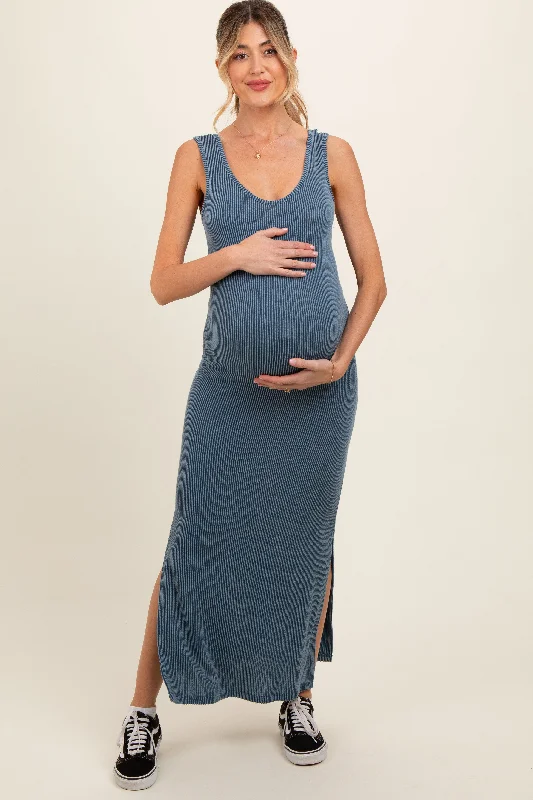 Maternity jersey dress for comfort Blue Ribbed Side Slit Maternity Maxi Dress
