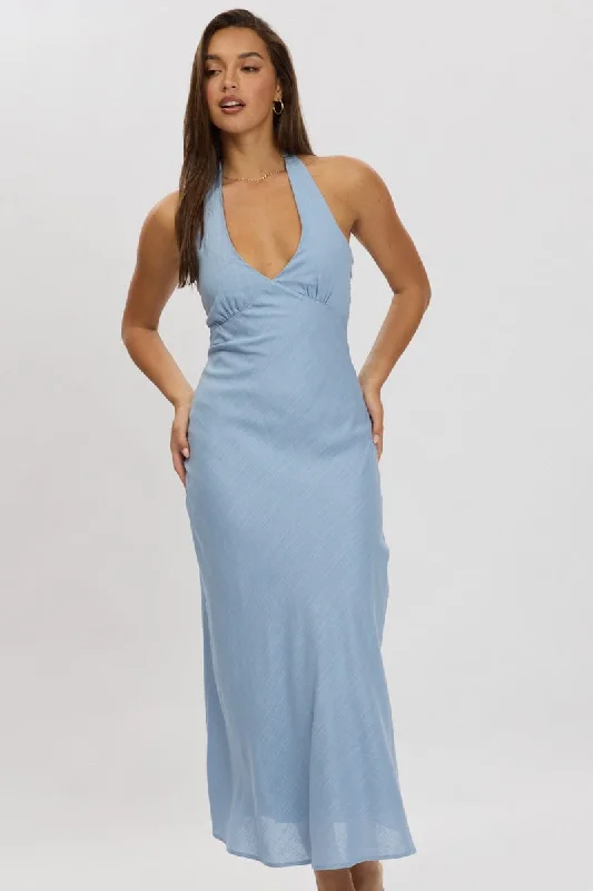 Midi dresses with denim fabric for a casual yet stylish day out Blue Midi Dress Halter Neck Midi dresses with denim fabric for a casual yet stylish day out Blue Midi Dress Halter Neck