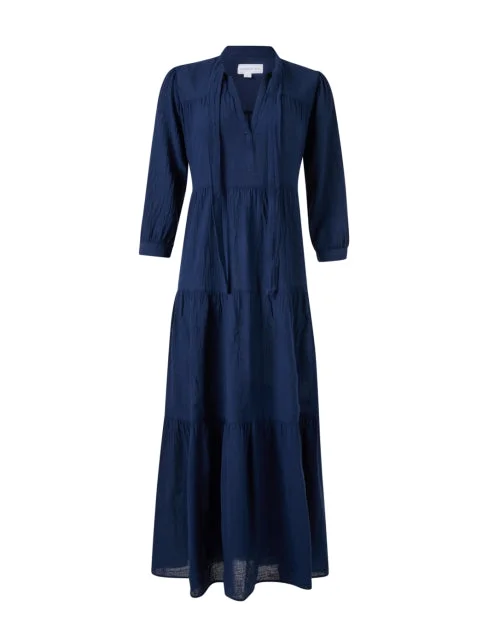 Everyday Midi Dress in Solid Color for Office​ Giselle Navy Cotton Gauze Dress