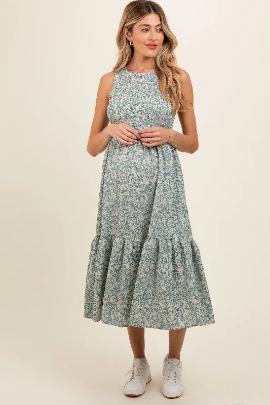 Maternity dress for a picnic in the park Teal Floral Smocked Ruffle Hem Sleeveless Maternity Midi Dress Maternity dress for a picnic in the park Teal Floral Smocked Ruffle Hem Sleeveless Maternity Midi Dress