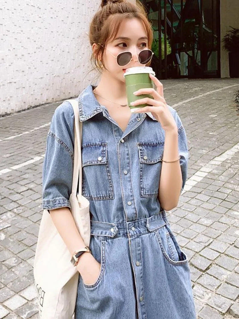  Extra Effort Denim Button Up Midi Dress